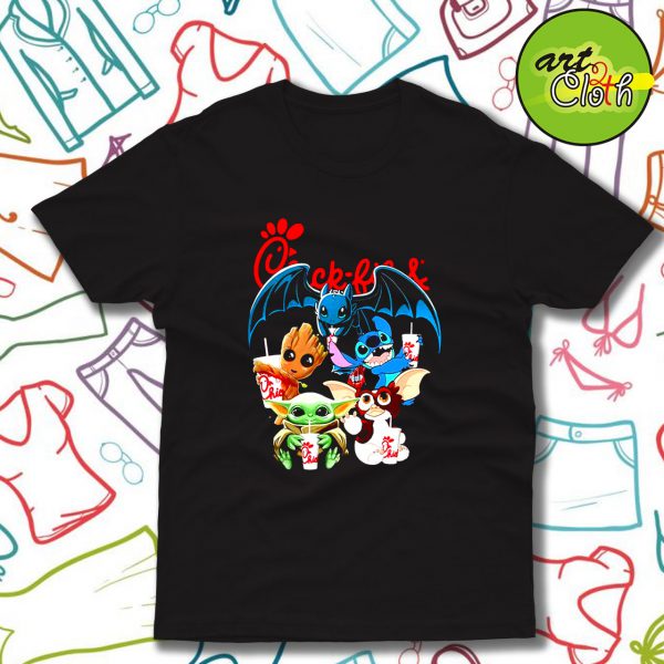 Chick Fil A Baby Yoda Baby Groot and Toothless Stitch Gizmo T Shirt