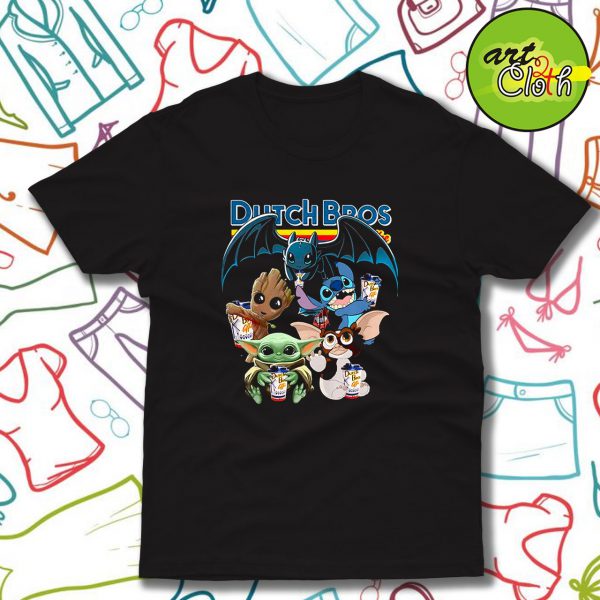 Dutch Bros Coffee Baby Yoda Groot Stitch Toothless and Gizmo T Shirt